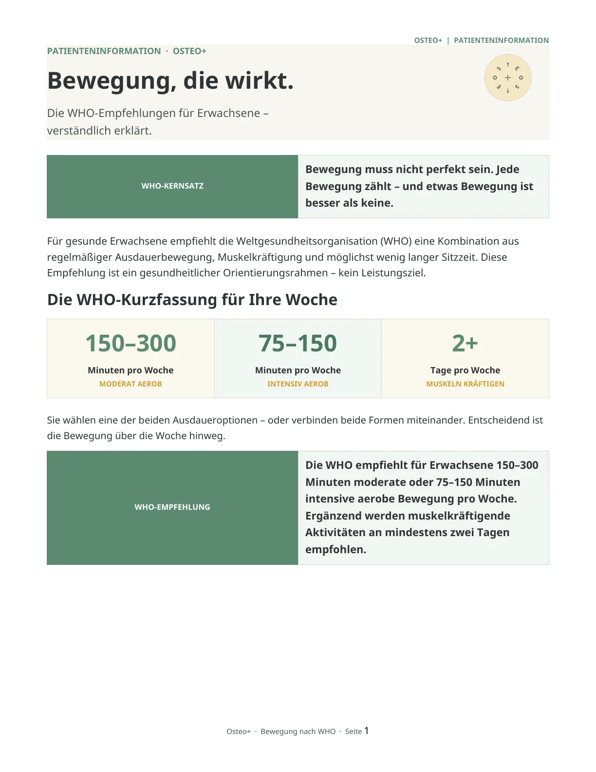 Seite 1 des Infoblatts Bewegung, die wirkt
